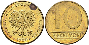 Польша 10 злотых 1990 MW, Народная Республика KM 152.2, Parchimowicz 244b латунь 4573-1215