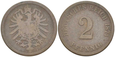 ГЕРМАНИЯ 2 ПФЕННИГА 1874 A, СТАРОГЕРБОВКА KM 2, J. 2, Weege 3 медь 212-444