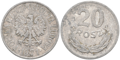 ПОЛЬША 20 ГРОШЕЙ 1971 MW KM А47 алюминий 106-443