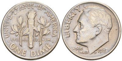 США 10 ЦЕНТОВ = 1 ДАЙМ 1968 РУЗВЕЛЬТ KM 195a медь плакированная медно-никелем 188-415