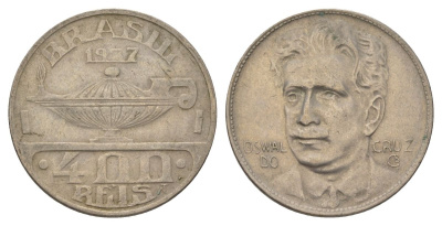 Бразилия 400 реалов 1937 Освалду Крус KM 539 медно-никель 4624-1243