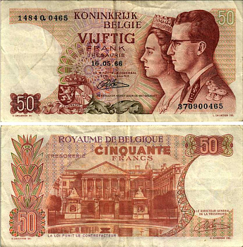 БЕЛЬГИЯ 50 ФРАНКОВ 1966 16 МАЯ 1966, ПОДПИСЬ 21, КОРОЛЬ БОДУЭН И КОРОЛЕВА ФАБИОЛА Pick 139 бумага 8518-29-1-2