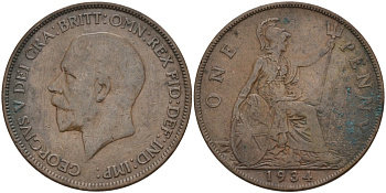Великобритания 1 пенни 1934 Георг V (1910-1936) KM 838, Spink 4055 бронза 4389-1025