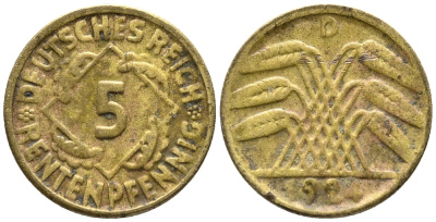 ГЕРМАНИЯ 5 РЕНТЕНПФЕННИГОВ 1924 D KM 32, J. 308 алюминиевая бронза 39-523