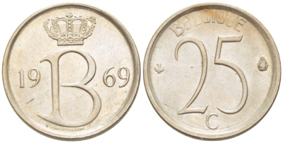 БЕЛЬГИЯ 25 САНТИМОВ 1969 BELGIQUE KM 153.1 медно-никель UNC 3996-1013