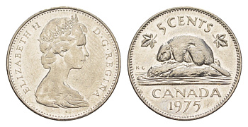 Канада 5 центов 1975 Елизавета II (1952-2022), бобр KM 60.1 никель 4636-611