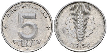 ГДР 5 пфеннигов 1950 A KM 2 алюминий 4596-558