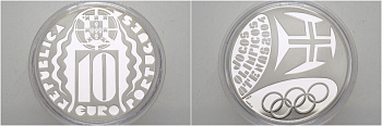 ПОРТУГАЛИЯ 10 ЕВРО 2004 ЛЕТНИЕ ОЛИМПИЙСКИЕ ИГРЫ 2004 ГОДА В АФИНАХ, СИМВОЛИКА, ТИРАЖ 15000 ЭКЗ. KM 759а серебро PROOF 01-162-11