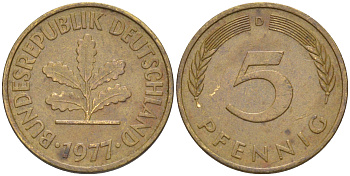 ФРГ 5 пфеннигов 1977 D KM 107, J. 382 сталь плакированная латунью 4514-917