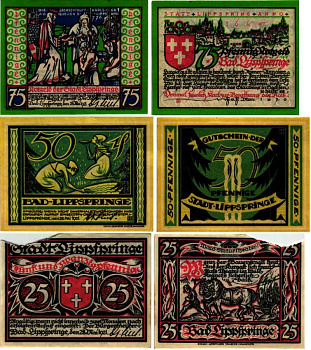БАД-ЛИПШПРИНГЕ НАБОР ИЗ 3 БАНКНОТ, 25, 50, 75 ПФЕННИГОВ 1921 НОТГЕЛЬД, 28 МАЯ 1921, ЗЕМЛЯ СЕВЕРНЫЙ РЕЙН-ВЕСТФАЛИЯ, ПОЛНЫЙ КОМПЛЕКТ Grabowski 805.1 бумага 6318-39-3-1