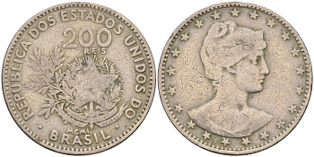 Бразилия 200 рейс 1901 голова свободы вправо KM 504 медно-никель 4589-1125
