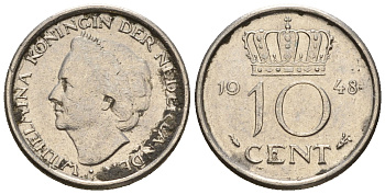 Нидерланды 10 центов 1948 Вильгельмина (1895-1948) KM 177 никель 220-533