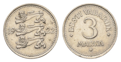 Эстония 3 марки 1922 год-тип KM 2 медно-никель 1527-1444