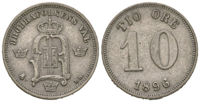 Швеция 10 эре 1896 EB, Оскар II (1872-1907) KM 755 серебро 4611-357