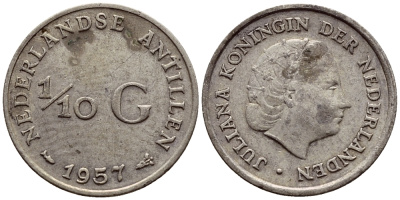 Нидерландские Антилы 1/10 гульдена 1957 Юлиана (1948-1980) KM 3 серебро 46-847