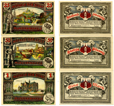 Германия, Мюнстермайфельд лот из 3 банкнот 1921 нотгельд, август 1921, (25, 50 пфеннигов, 1 марка), земля Рейнланд-Пфальц., с голубем, редкий типаж Grabowski 919.3 бумага 2193-5-1-1