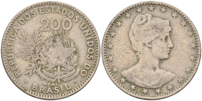 Бразилия 200 рейс 1901 голова свободы вправо KM 504 медно-никель 4589-1125