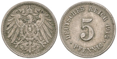 Германия 5 пфеннигов 1912 A, Вильгельм II (1888-1918) KM 11, J. 12 медно-никель 4615-735