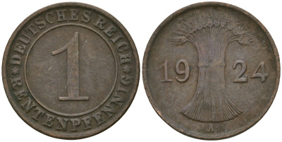 Германия 1 рентенпфенниг 1924 A KM 30, J. 306 бронза 4608-314