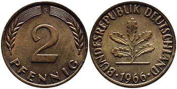 ФРГ 2 пфеннига 1966 G KM 106, Jager 381 бронза 4546-942