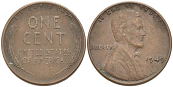 США 1 ЦЕНТ 1949 ЛИНКОЛЬН KM А132 медь цинк 3309-549