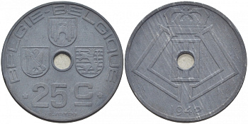 БЕЛЬГИЯ 25 САНТИМОВ 1942 BELGIE-BELGIQUE, ГЕРМАНСКАЯ ОККУПАЦИЯ, ВТОРАЯ МИРОВАЯ ВОЙНА KM 132 цинк 4448-236