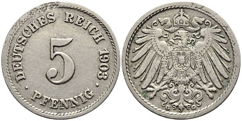 ГЕРМАНИЯ 5 ПФЕННИГОВ 1903 G KM 11, Jager 12, Weege 6 медно-никель 4547-435