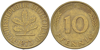 ФРГ 10 ПФЕННИГОВ 1973 D KM 108, J. 383 сталь плакированная латунью 4182-832