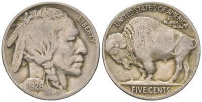 США 5 центов 1926 индеец, бизон KM 134 медно-никель 4614-1068