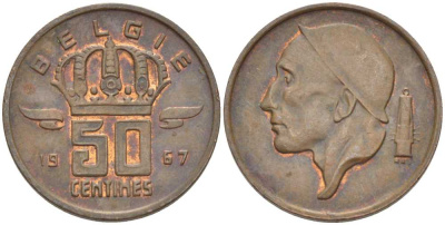 Бельгия 50 сантимов 1967 Belgie, Бодуэн I (1951-1993) KM 149.1 бронза 4396-1039
