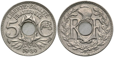 ФРАНЦИЯ 5 САНТИМОВ 1930 ТИП LINDAUER, PETIT MODULE KM 875, LE FRANC 122.13 медно-никель 4549-1234