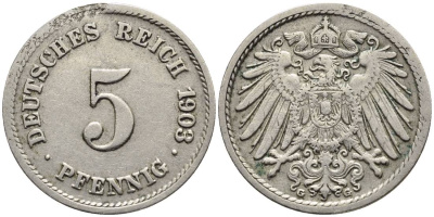 ГЕРМАНИЯ 5 ПФЕННИГОВ 1903 G KM 11, Jager 12, Weege 6 медно-никель 4547-435