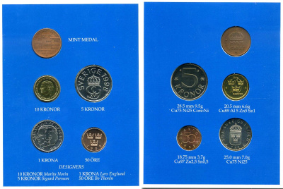 Швеция набор из 4 монет + медаль 1998 в оригинальном картонном буклете, Карл XVI Густав (1973- ) KM MS 91 UNC 4-4-1-36