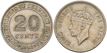 Британская Малайя 20 центов 1948 Георг VI (1937-1952) KM 9 медно-никель 4153-656