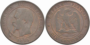 ФРАНЦИЯ 10 САНТИМОВ 1854 BB, НАПОЛЕОН III (1852-1870) KM 771.3, LE FRANC 133.12 бронза 38-941