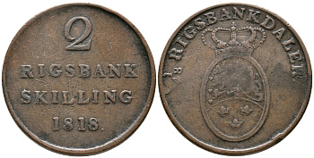 ДАНИЯ 2 РИКСБАНКСКИЛЛИНГА 1818 KM 689 (С102) медь 32-335