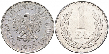 ПОЛЬША 1 ЗЛОТЫЙ 1978 MW KM 49.1 алюминий UNC 68-427