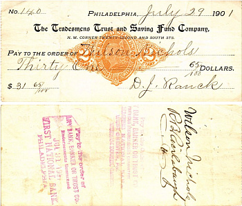 США чек на 31,65 долларов 1901 Филадельфия бумага 3295-88-3-1