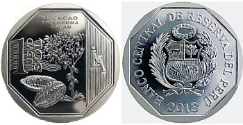 Перу 1 новый соль 2013 серия природные ресурсы Перу, какао KM 375 медь никель цинк  UNC  M69-11