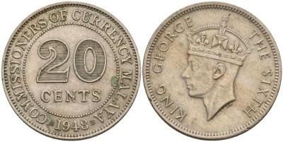 Британская Малайя 20 центов 1948 Георг VI (1937-1952) KM 9 медно-никель 4153-656