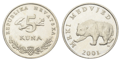 Хорватия 5 кун 2001 бурый медведь, нечетный год KM 11 медь цинк никель  UNC  4660-425