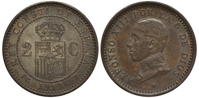 ИСПАНИЯ 2 СЕНТИМО 1911 АЛЬФОНСО XIII бронза UNC 1521-1244
