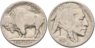 США 5 центов 1927 индеец, бизон KM 134 медно-никель 4563-233