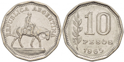 Аргентина 10 песо 1965 Гаучо KM 60 никелированная сталь 4548-333