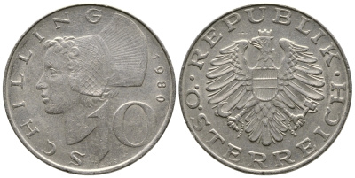 Австрия 10 шиллингов 1980 KM 2918 никель плакированный медно-никелем 4606-924