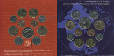 Бельгия набор из 10 монет + жетон 2000 Belgie-Belgique, 150 лет Национальному банку Бельгии, в оригинальном картонном буклете KM MS 13 UNC 6-6-2-25