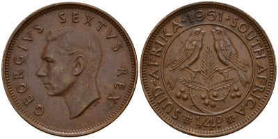 ЮАР 1/4 пенни 1951 Георг VI (1937-1952) KM 32.2 бронза 4164-668