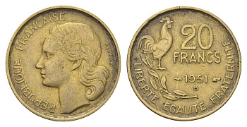 Франция 20 франков 1951 B KM 917, Le Franc 402.8 алюминиевая бронза 4704-521