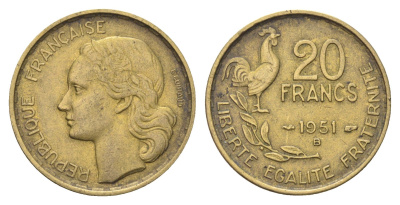 Франция 20 франков 1951 B KM 917, Le Franc 402.8 алюминиевая бронза 4704-521