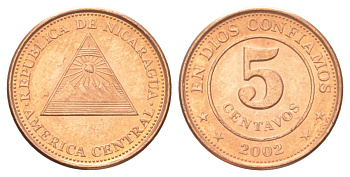 Никарагуа 5 сентаво 2002 KM 97 сталь плакированная медью UNC 4625-225